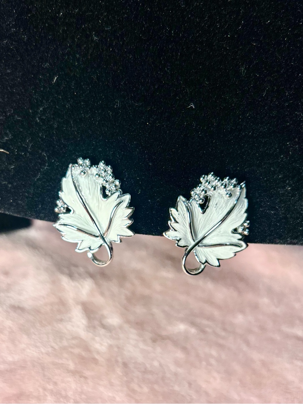 Sarah Coventry 1959 “Whispering Leaves” white enamel clip-on earrings